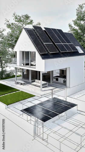 Architectural illustration showing a modern detached house with solar panels on the roof and the carport