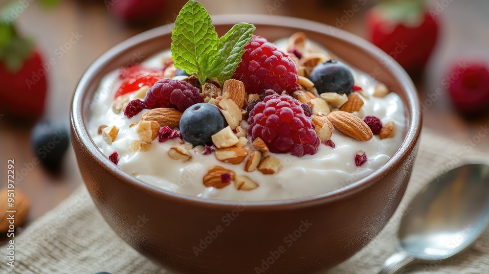 Protein-packed Greek yogurt with fresh fruits and nuts, served in a bowl, healthy snack Protein-packed Greek yogurt with fresh fruits and nuts, served in a bowl, healthy snack