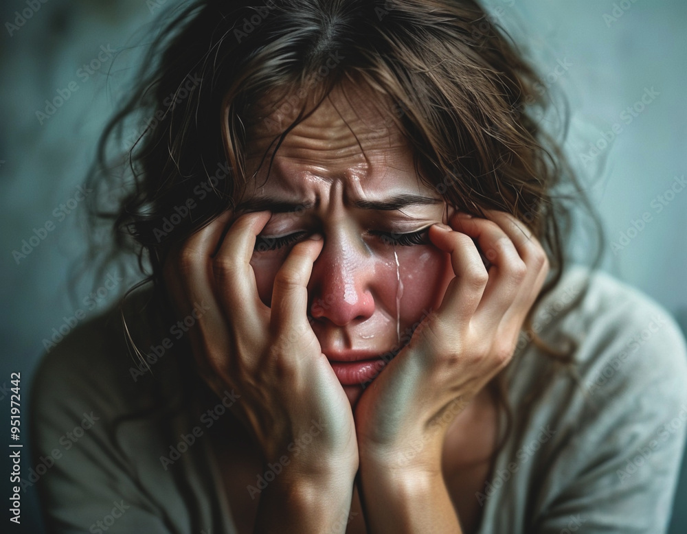 A depressed woman cries with her hands covering her face A depressed woman cries with her hands covering her face