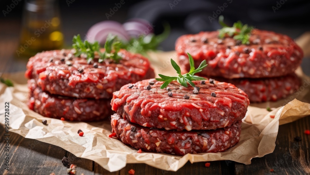 Hamburger patties made of raw ground beef, sprinkled with spices and laid on parchment sheets. Hamburger patties made of raw ground beef, sprinkled with spices and laid on parchment sheets.