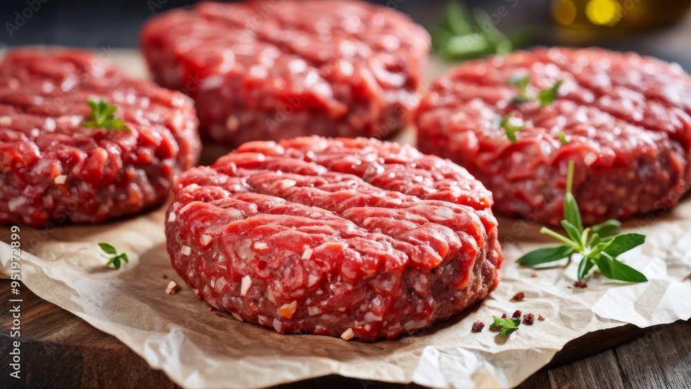 Hamburger patties made of raw ground beef, sprinkled with spices and laid on parchment sheets. Hamburger patties made of raw ground beef, sprinkled with spices and laid on parchment sheets.