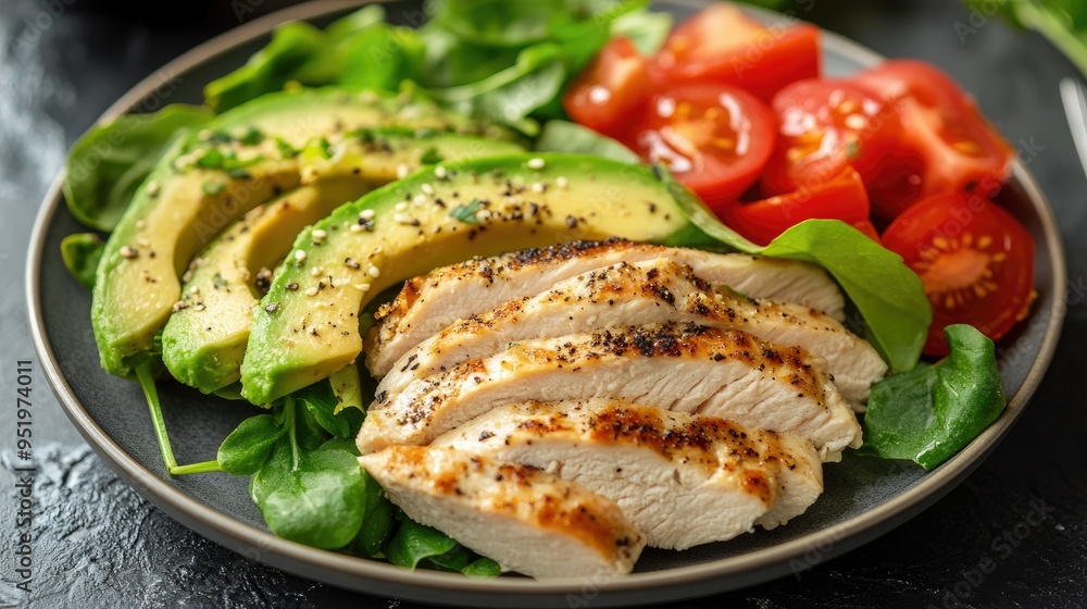 Protein-packed turkey breast slices with avocado and tomato, served on a plate, nutritious meal Protein-packed turkey breast slices with avocado and tomato, served on a plate, nutritious meal
