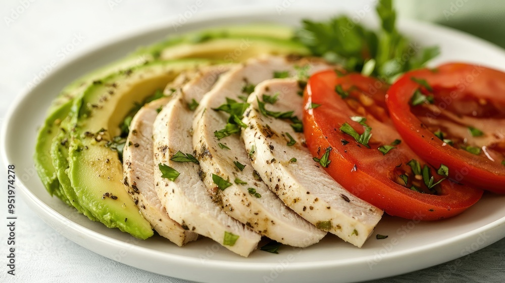 Protein-packed turkey breast slices with avocado and tomato, served on a white plate Protein-packed turkey breast slices with avocado and tomato, served on a white plate