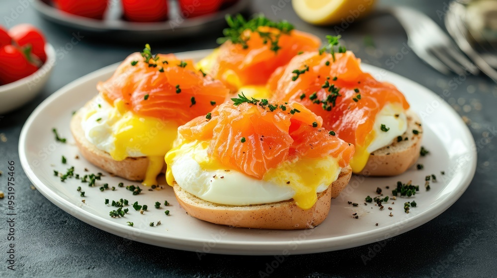 Protein-rich eggs Benedict with smoked salmon, served on a white plate, healthy breakfast Protein-rich eggs Benedict with smoked salmon, served on a white plate, healthy breakfast