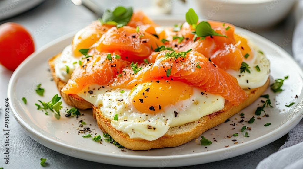 Protein-rich eggs Benedict with smoked salmon, served on a white plate, healthy breakfast Protein-rich eggs Benedict with smoked salmon, served on a white plate, healthy breakfast