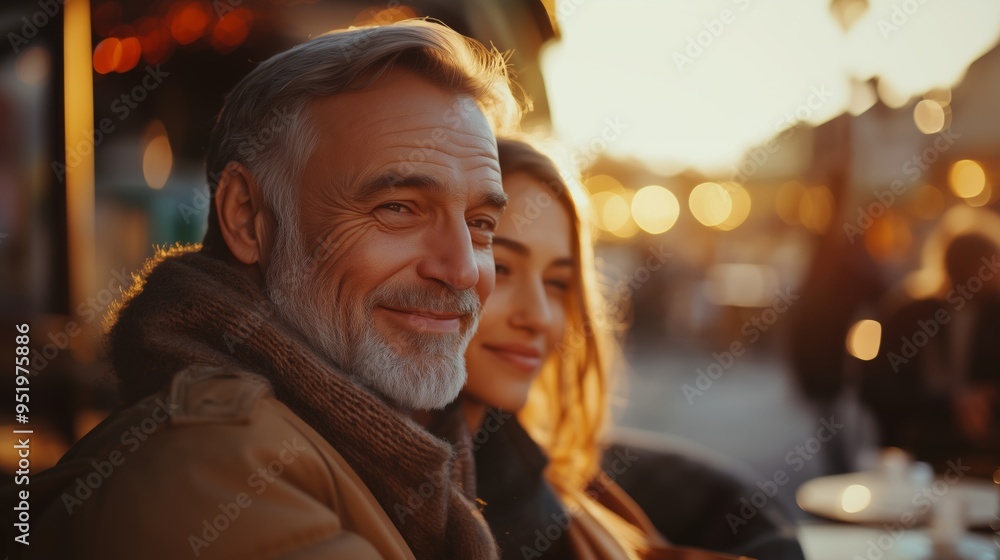 Mature Man with Younger Partner Sharing a Cozy Moment at an Outdoor Café During Sunset Mature Man with Younger Partner Sharing a Cozy Moment at an Outdoor Café During Sunset