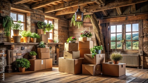 whimsical playful cardboard boxes rural farmhouse rustic decor photo