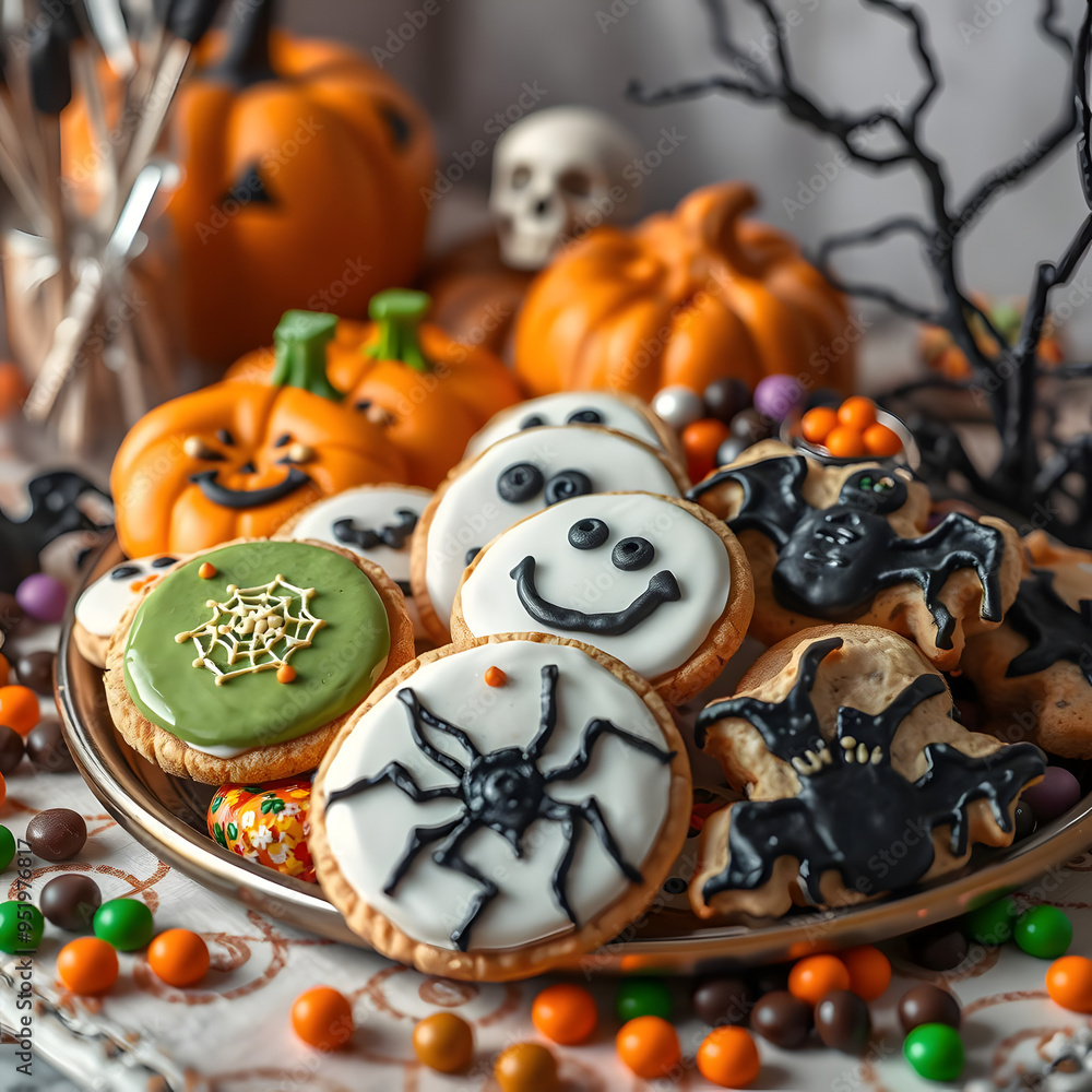 Halloween-themed cookies displayed on a festive table with pumpkins