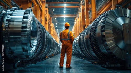 Engineer Amidst Industrial Giants: A lone figure, a dedicated engineer, stands amidst rows of imposing industrial turbines, a powerful image symbolizing dedication and the scale of modern manufacturin photo