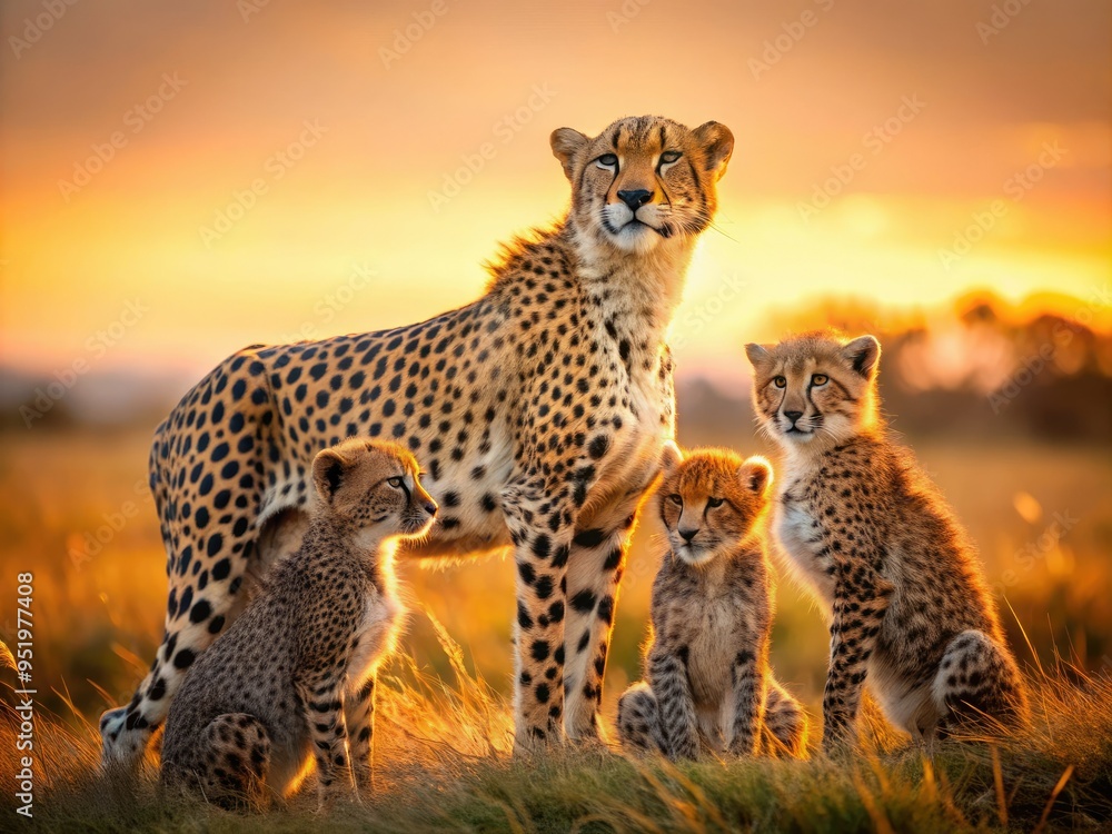 Obraz premium Golden light morning savannah landscape Kenya wildlife majestic cheetah mother cubs playful interactive tender moment warm beige earthy tones intimate documentary style