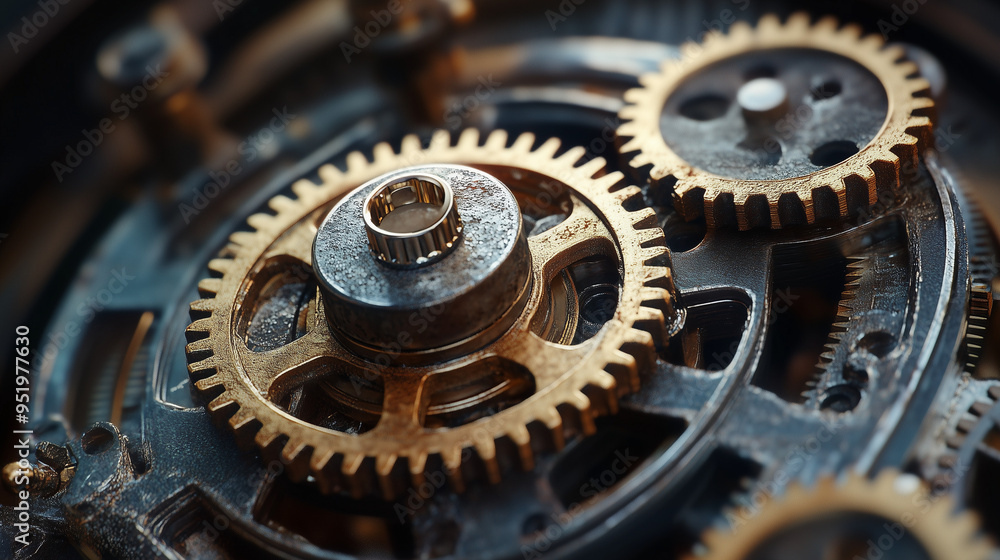 Close-Up Of Brass Gears In Steampunk Mechanism Detailed Metalwork Close-Up Of Brass Gears In Steampunk Mechanism Detailed Metalwork