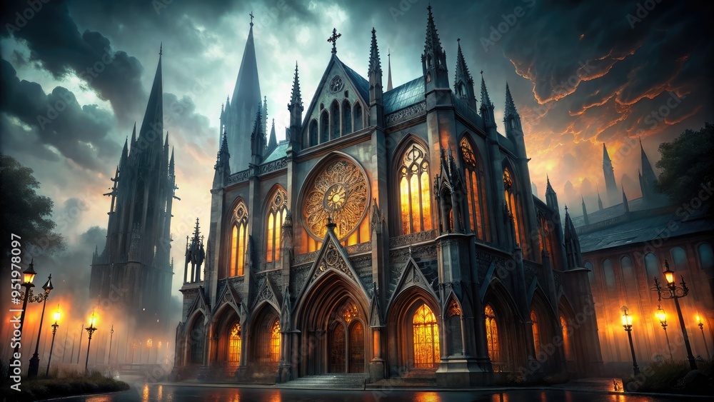 Fototapeta premium dramatic ecclesiastical architecture gothic vault cathedral stained glass windows eerie low-key lighting mysterious foggy atmosphere ancient mysterious cryptic macabre solitude