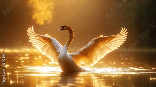 Fototapeta Naklejka Na Ścianę i Meble -  Golden swan spreading wings, minimalistic background, elegant pose, soft lighting