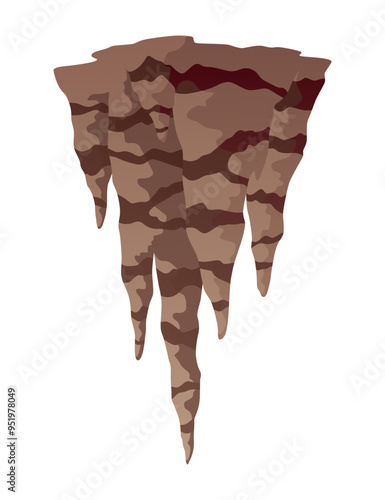 Stalactite. Icicle shaped hanging mineral formations in cave. Nature brown limestone, material stone icon. Natural growth geology formations