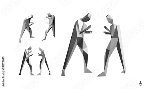 Two boxer before a fight. Sport competition template. Be strong! Conflict. The concept of rivalry. 3D human body model. Design for sport. Vector illustration for cover, card, brochure or presentation.