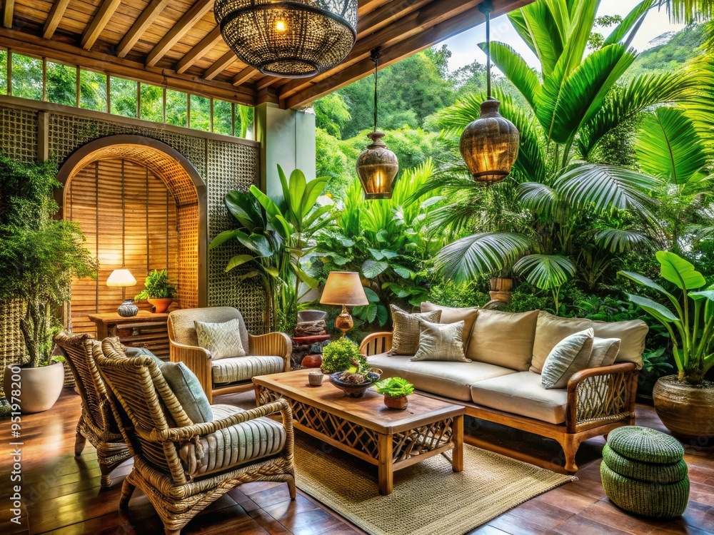 Fototapeta premium luxe tropical oasis retreat lavish exotic wooden accents vintage rattan furniture lush green plants natural textiles warm sunny bright airy interior design