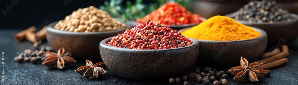 Rich, colorful spices in rustic bowls surrounded by star anise and other spices on a dark table Rich, colorful spices in rustic bowls surrounded by star anise and other spices on a dark table