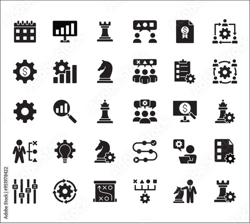 Business strategy, management, setup, research and plan icon set. Contains icons or symbol of businessman, team, discussion, meeting, setting, chess knight, bishop, rook. Flat thin line graphic design