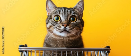 Surprised cat in a shopping cart against a bright yellow background photo