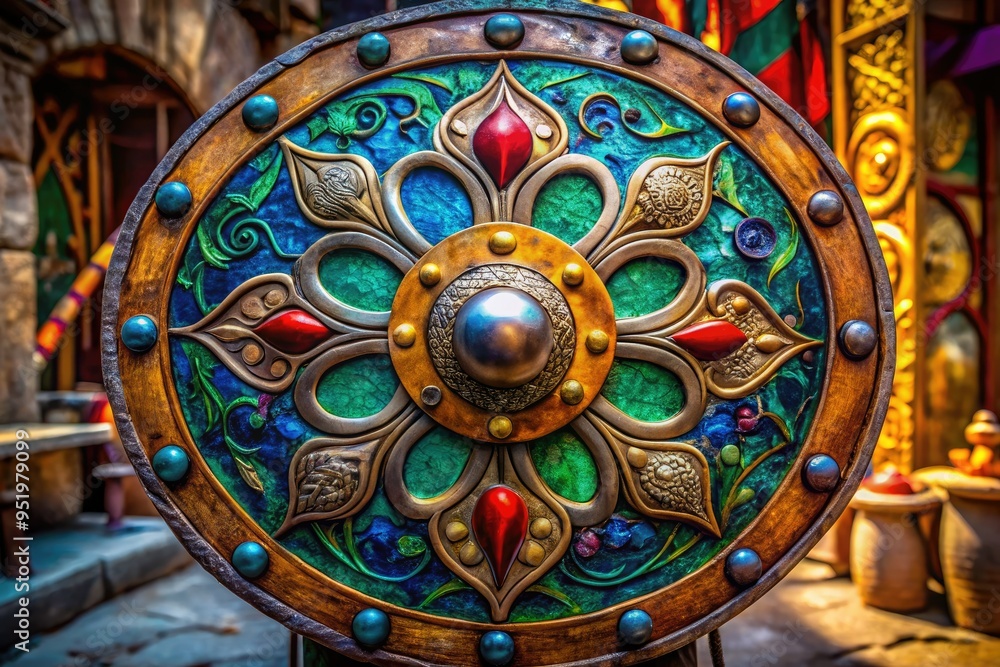 Fototapeta premium ancient mythical metallic shield wearable prop fantasy mystical heroic dramatic bright vibrant colorful