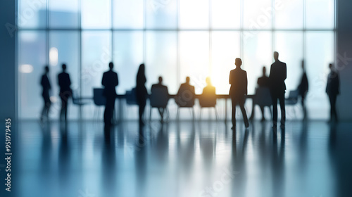 An office meeting room with businesspeople in blurred style background