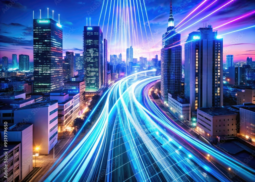 Obraz premium neon data streams pulsing through fiber optic cables futuristic abstract city