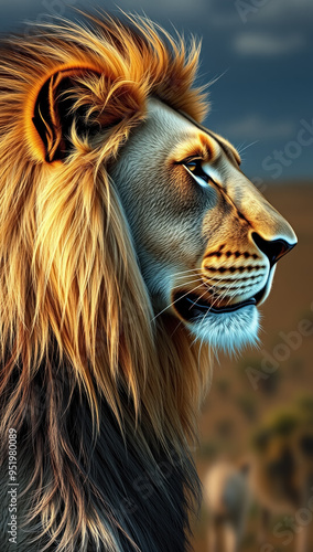 side profile of a lion on the Serengeti, extreme close-up. photo