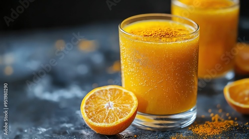 Freshly squeezed orange juice with a sprinkle of turmeric, brainboosting drink, vibrant and healthy photo