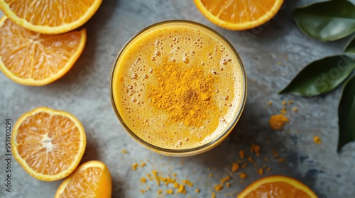 Freshly squeezed orange juice with a sprinkle of turmeric, brainboosting drink, vibrant and healthy photo