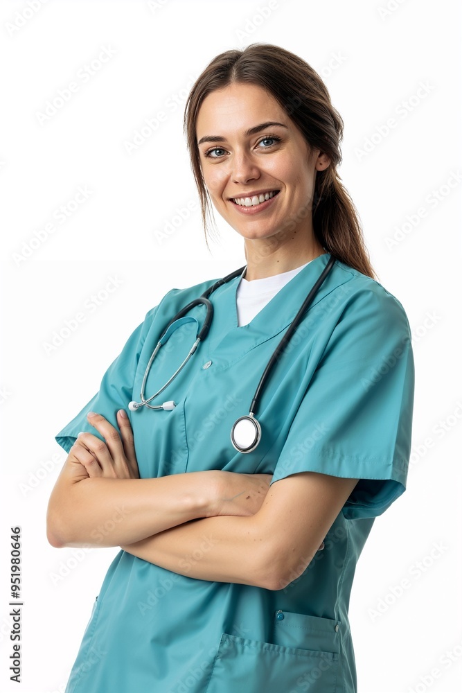 Smiling Medical Doctor in Studio Light with Crossed Arms, Happy Female Doctor Posing in Studio with Soft Lighting Smiling Medical Doctor in Studio Light with Crossed Arms, Happy Female Doctor Posing in Studio with Soft Lighting