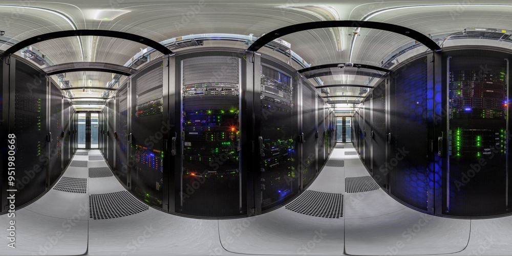 Network servers in a data center. Tier III carrier neutral data center. Server rooms.. 360 degrees panorama Network servers in a data center. Tier III carrier neutral data center. Server rooms.. 360 degrees panorama