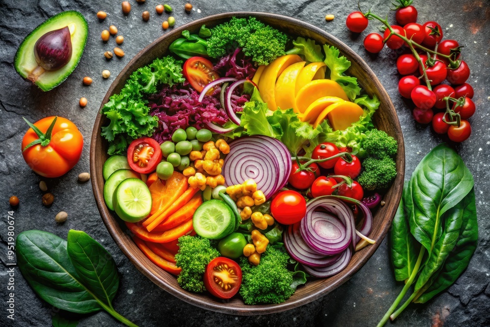 dramatic overhead shot of a vibrant vegan salad bowl with mixed greens and colorful vegetables on natural stone table with bold contrasting colors bold organic icon dramatic overhead shot of a vibrant vegan salad bowl with mixed greens and colorful vegetables on natural stone table with bold contrasting colors bold organic icon