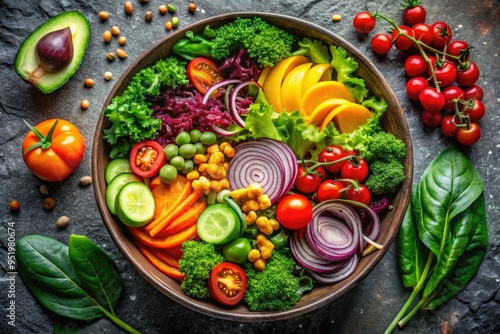 dramatic overhead shot of a vibrant vegan salad bowl with mixed greens and colorful vegetables on natural stone table with bold contrasting colors bold organic icon