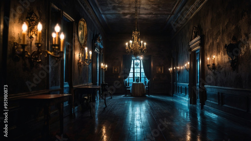 A dimly lit hallway inside a haunted house, with spooky portraits on the walls, cobwebs in the corners, and a flickering chandelier overhead, as a group of visitors cautiously walks through. photo