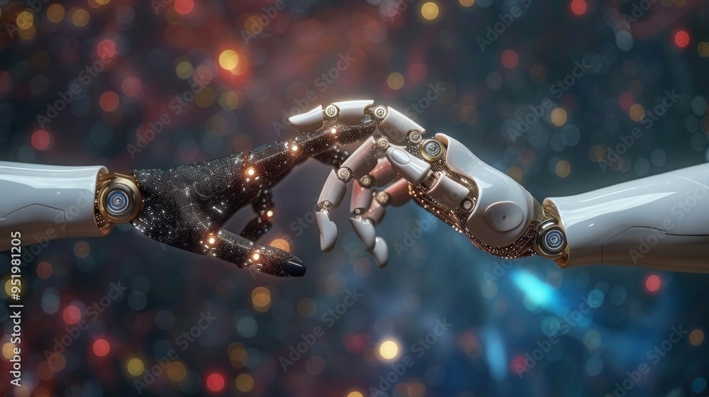 Robotic hands reaching towards each other with glowing circuits. Futuristic AI and technology concept. Robotic hands reaching towards each other with glowing circuits. Futuristic AI and technology concept.