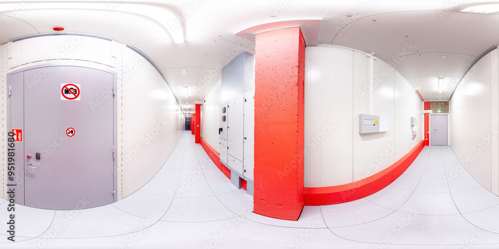 Network servers in a data center. Tier III carrier neutral data center. Сorridor with electrical distribution board. 360 degrees panorama Network servers in a data center. Tier III carrier neutral data center. Сorridor with electrical distribution board. 360 degrees panorama