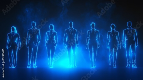 Group of business people outlines with lit background . Mixed media