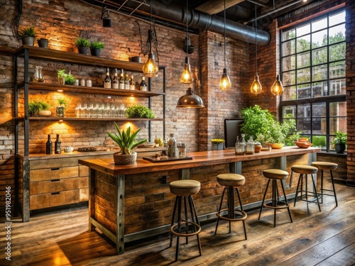 rustic industrial mixology scene reclaimed wood metal accents rough brick