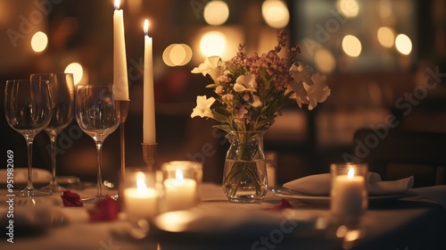 In a restaurant setting, a luxurious dinner meet immerses viewers in the cozy ambiance of a bustling luxury restaurant. Background with blurred flowers and candles