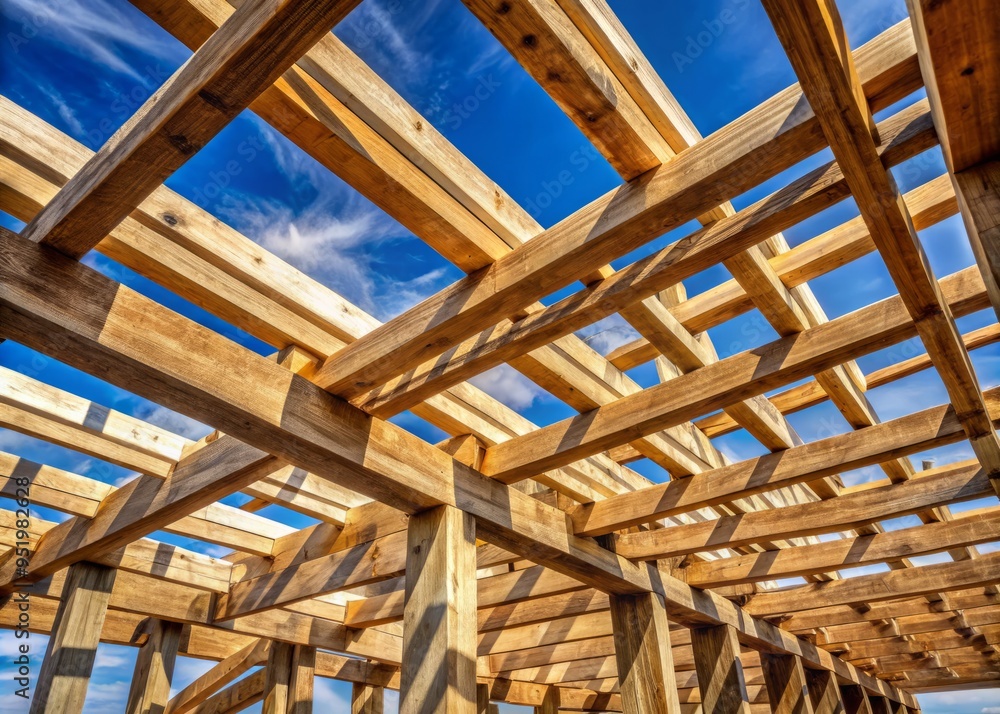 a photo image of weathered wooden rafters overlapping and interlocking together in a traditional wooden frame structure on a sunny outdoor work site a photo image of weathered wooden rafters overlapping and interlocking together in a traditional wooden frame structure on a sunny outdoor work site