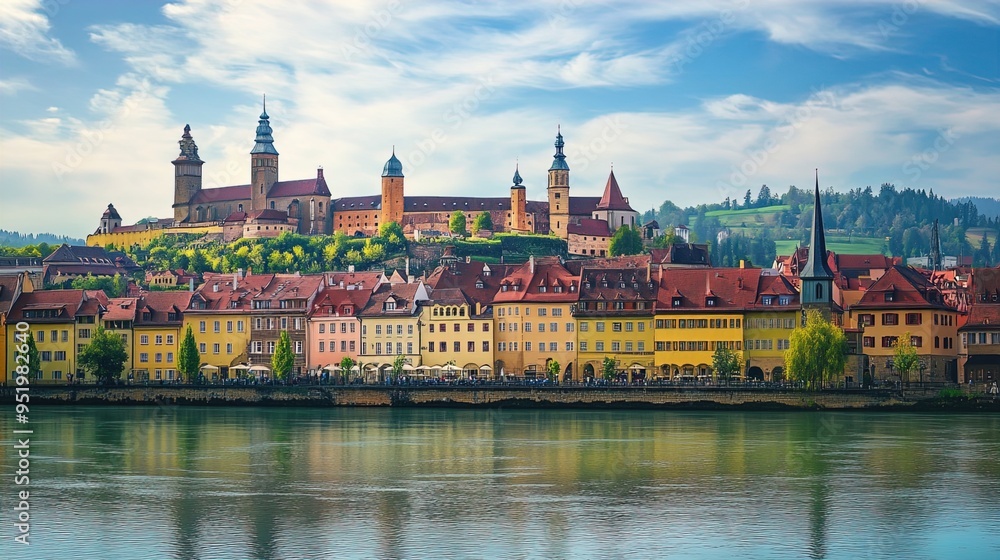 Obraz premium Vibrant and picturesque cityscape featuring a medieval town with colorful buildings along a riverbank. The architecture includes a mixture of quaint homes with red-tiled roofs, churches with spires, a
