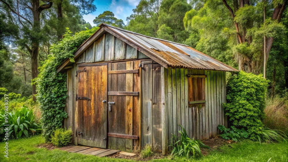 Photo image of a classic rural timber shed with weathered wood boards, surrounded by lush greenery, with a worn wooden door and rusty metal hinges. Photo image of a classic rural timber shed with weathered wood boards, surrounded by lush greenery, with a worn wooden door and rusty metal hinges.