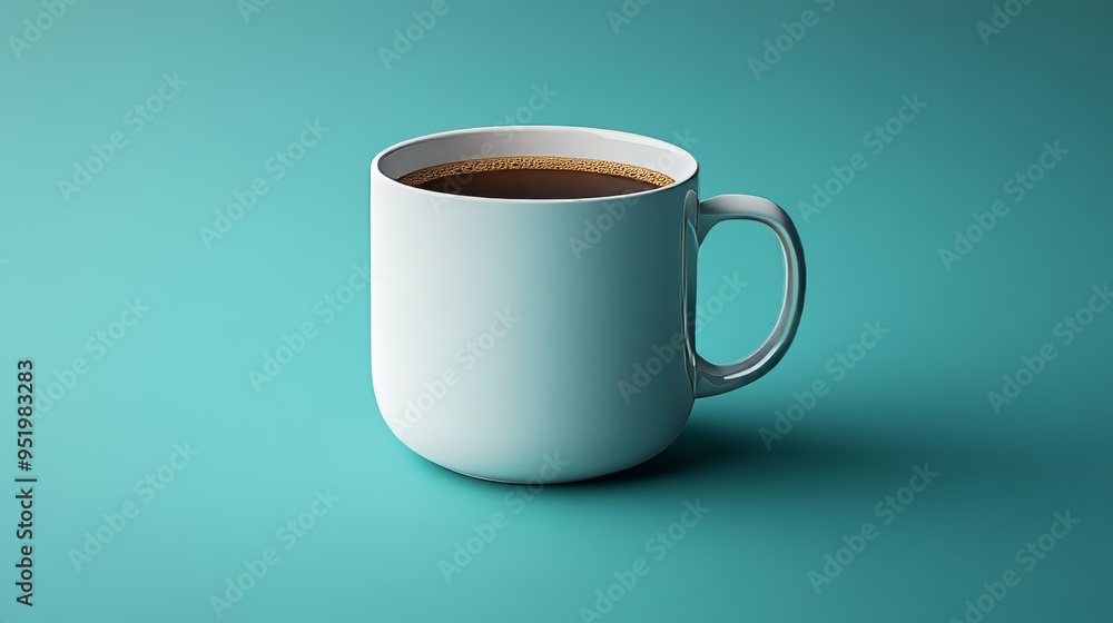 A white coffee cup with a dark brown liquid in it sits on a blue background A white coffee cup with a dark brown liquid in it sits on a blue background