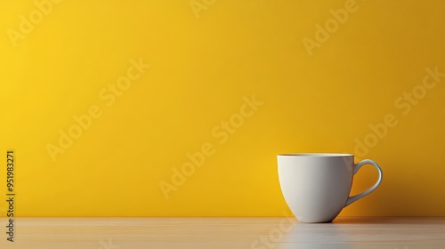 A white cup sits on a table in front of a yellow wall