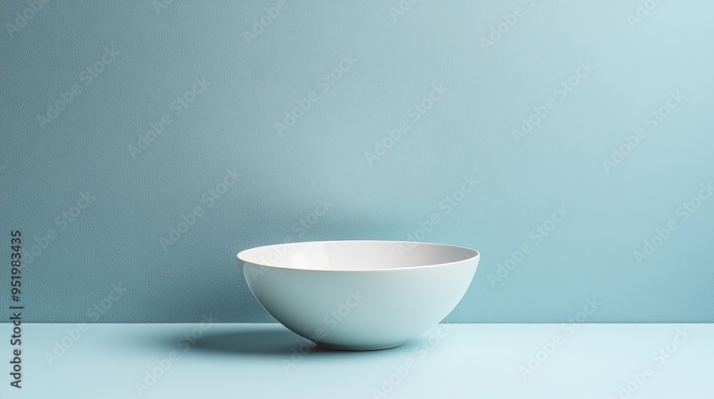A white bowl sits on a blue wall A white bowl sits on a blue wall