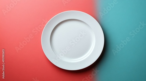 A white plate sits on a red background