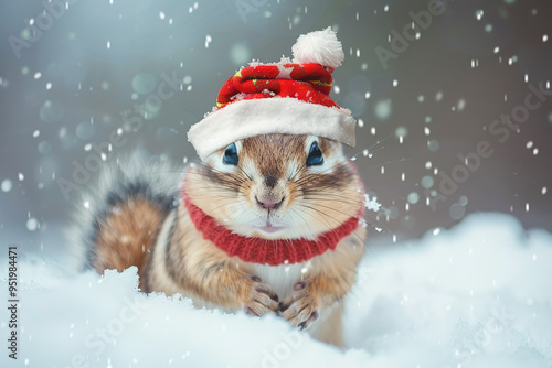 A small squirrel wearing a red hat and a red sweater,