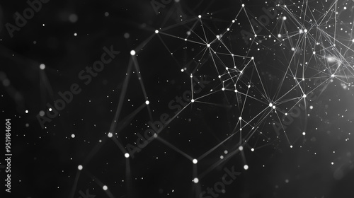 Polygonal space with a low poly design features a dark background and interconnected dots and lines, forming a network structure. 