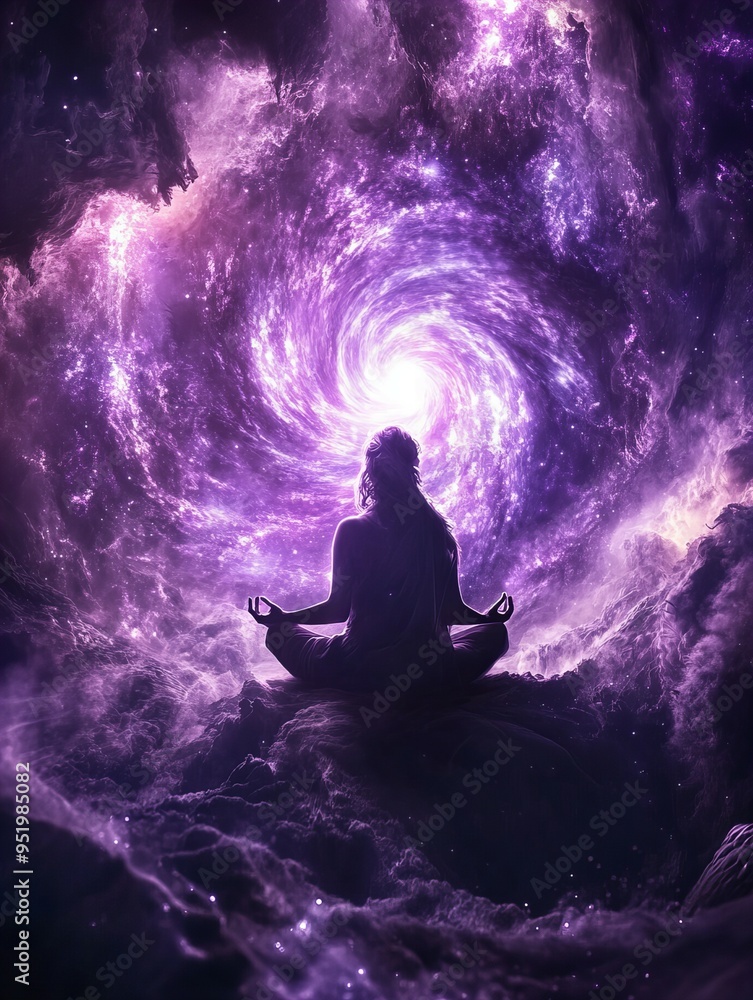 Silhouette of a woman meditating in lotus pose against a vibrant cosmic background of stars and galaxies symbolizing spiritual growth new beautiful stock image illustration AI Silhouette of a woman meditating in lotus pose against a vibrant cosmic background of stars and galaxies symbolizing spiritual growth new beautiful stock image illustration AI