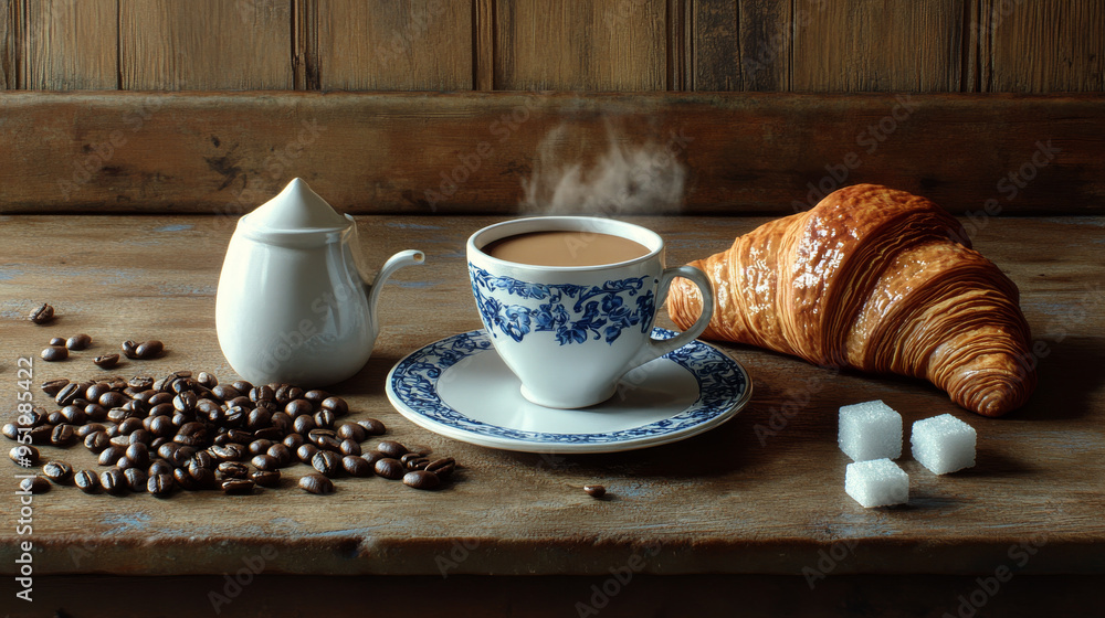 Rearranged text: A still life featuring a coffee cup, coffee beans, sugar, a croissant Rearranged text: A still life featuring a coffee cup, coffee beans, sugar, a croissant